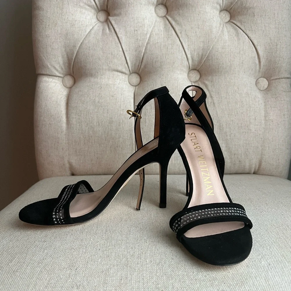 Stuart Weitzman Black Suede Ankle Strap Heels Size 4 Rhinestone Mesh Detail Rare